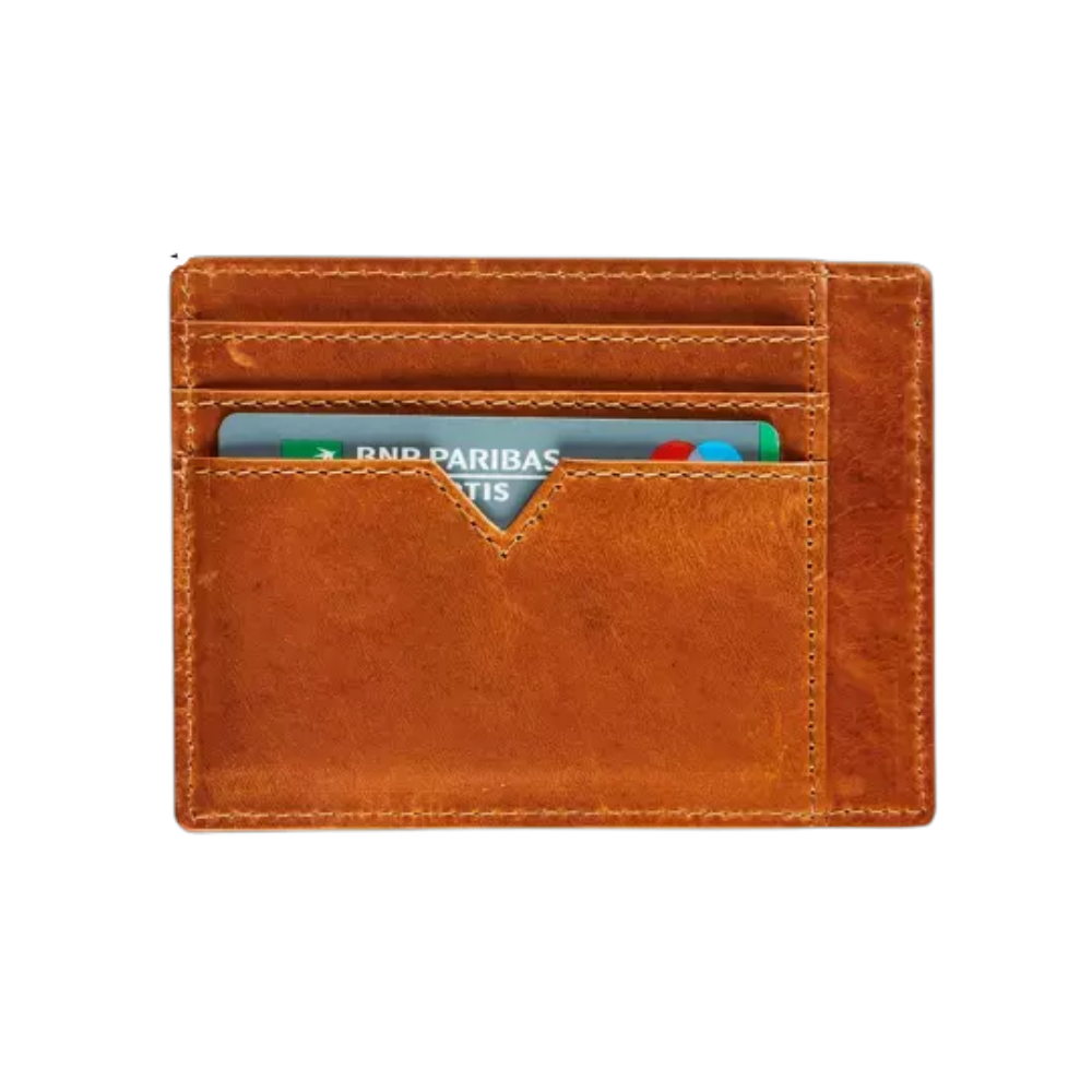 Maverick cognac leather cardholder with RFID protection, zippered pocket, and multiple card slots.
