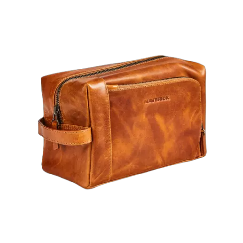Maverick New Men Leather Toiletry Bag in cognac with zipper and sturdy handle.