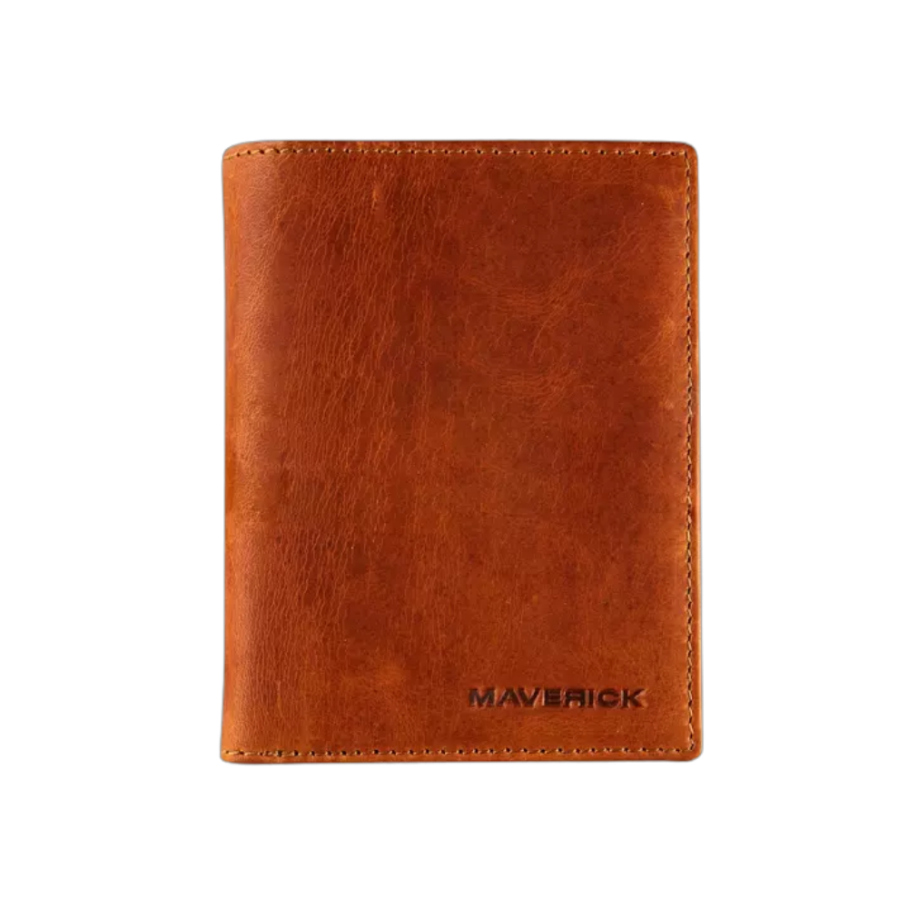 Maverick cognac leather RFID wallet with space for 11 cards, ID compartments, and coin pocket.