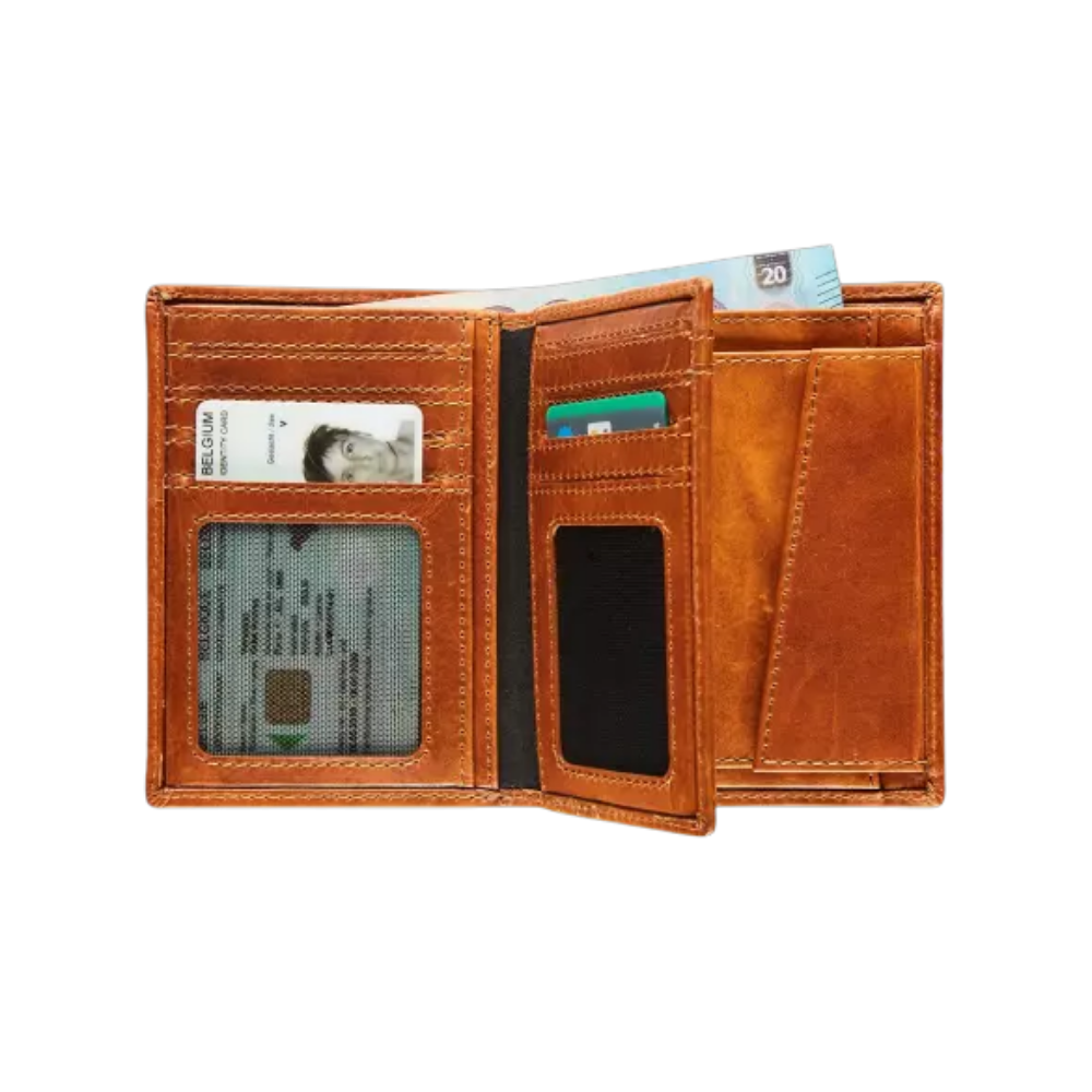 Stylish Maverick cognac leather wallet with RFID protection, multiple card slots, and a removable cardholder.