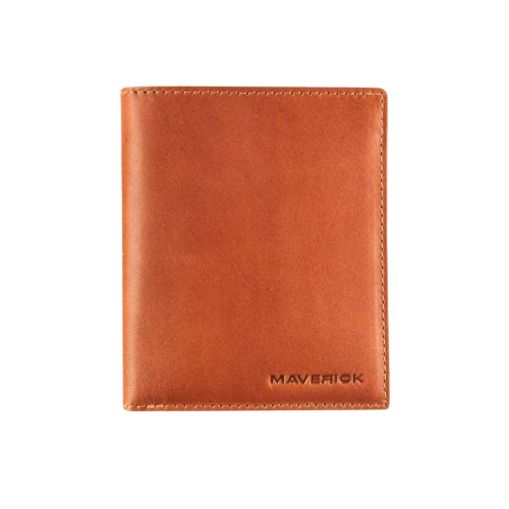 Maverick cognac leather wallet with RFID protection and sleek design.