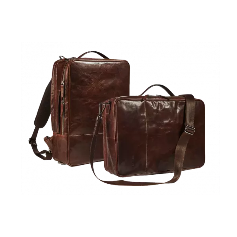 Side view of the brown leather 2-in-1 business bag and backpack showing straps and design.