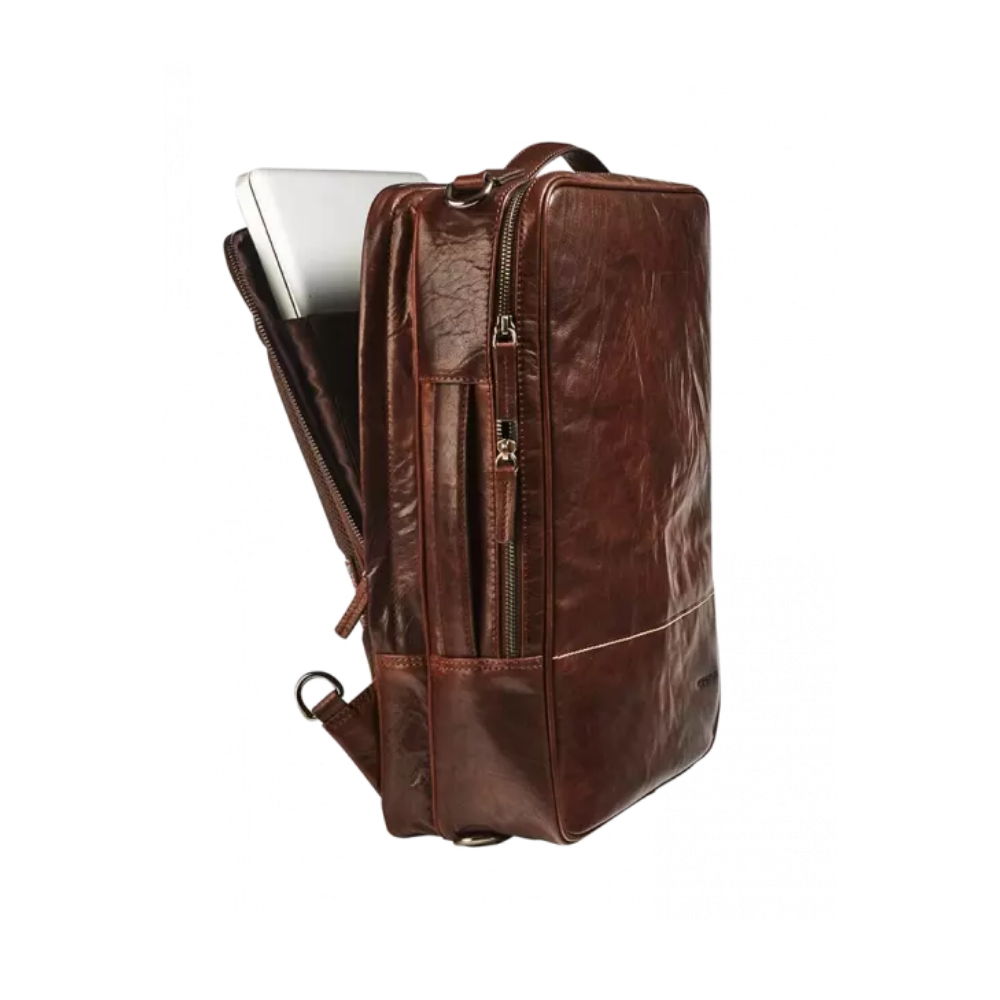 Back view of the brown leather 2-in-1 business bag and backpack with embossed design.