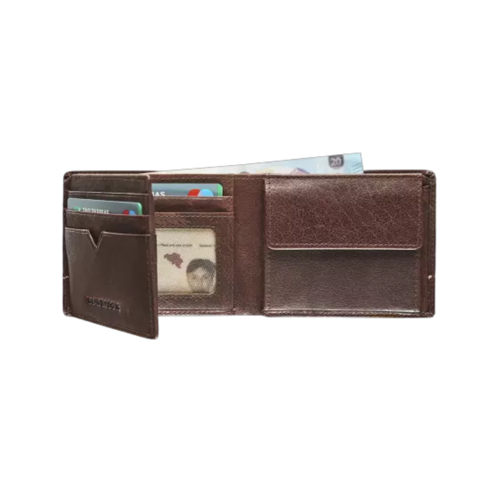 Interior view of Maverick Rough Gear Leather Billfold RFID showing card slots and ID compartment.