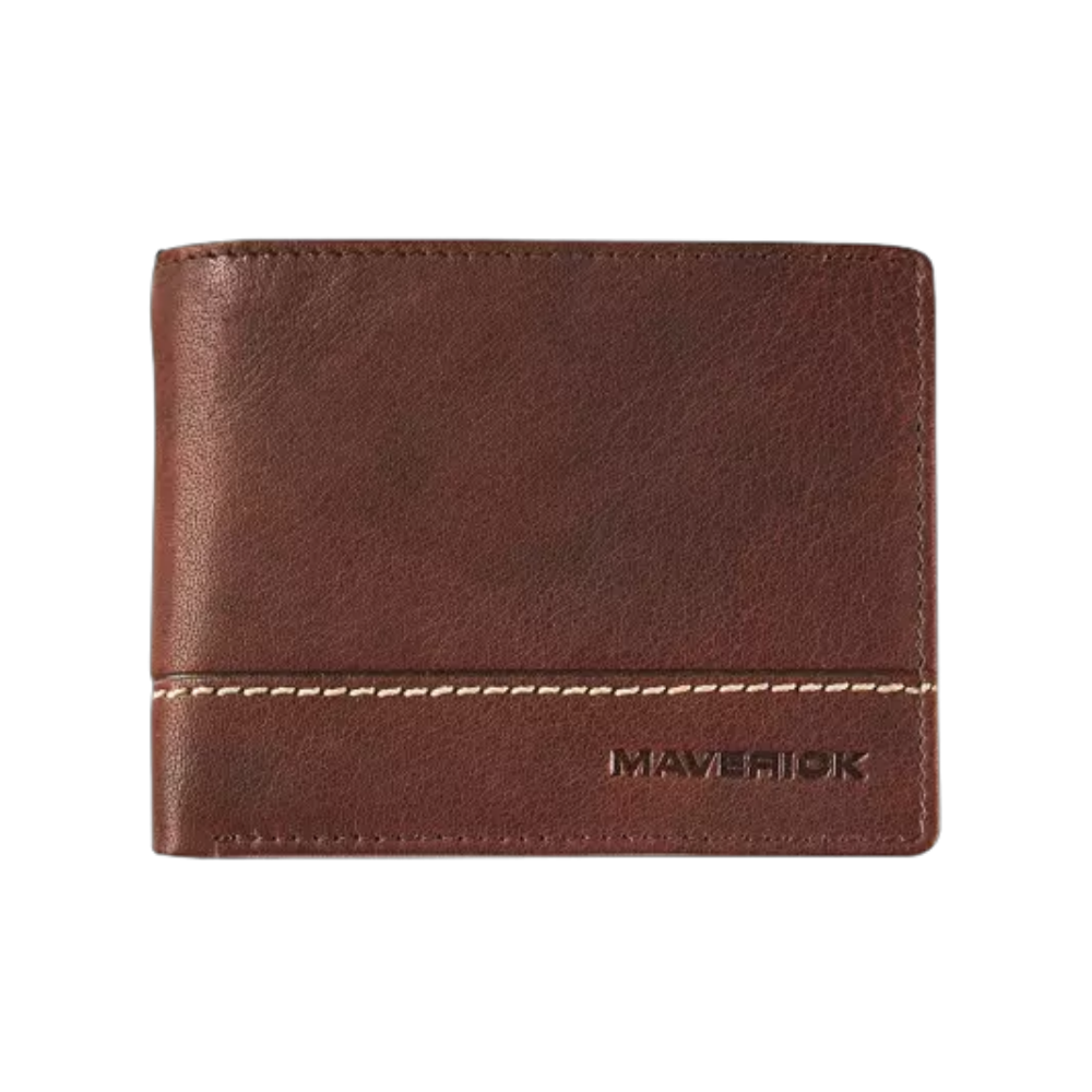 Maverick Rough Gear Leather Billfold RFID with 2 banknote pockets in brown with embossed logo.
