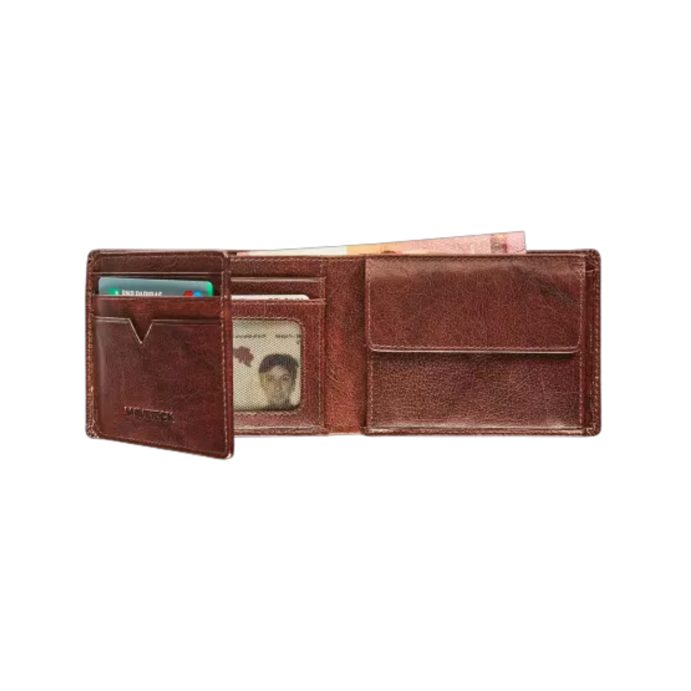 Interior view of Maverick Rough Gear Leather Billfold RFID with 2 banknote pockets showing card slots and compartments.