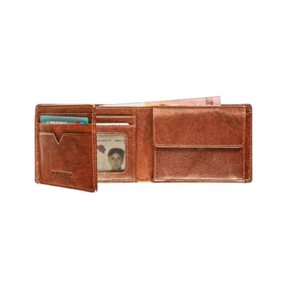 Interior view of Maverick Rough Gear Leather Billfold RFID with 2 banknote pockets showing card slots and compartments.