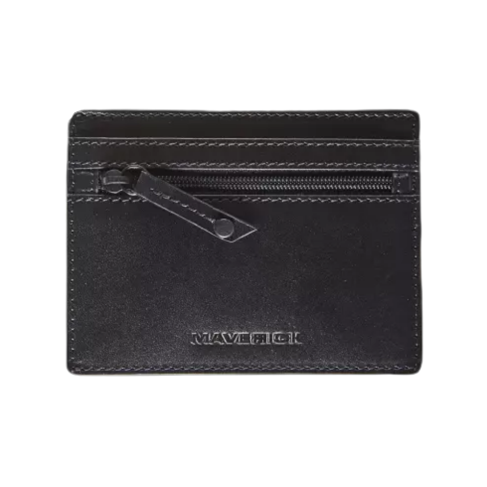 Schwarzes Maverick Leder Shirt Wallet mit Münzfach und Reißverschluss, RFID-Schutz, vollnarbigem Rindsleder.