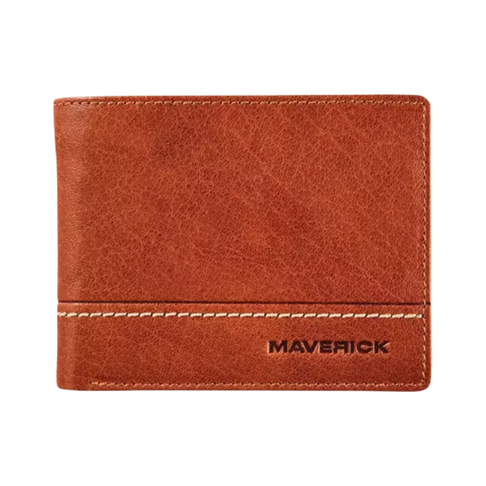 Front view of a cognac leather wallet with the 'Maverick' logo and a sleek, simple design.