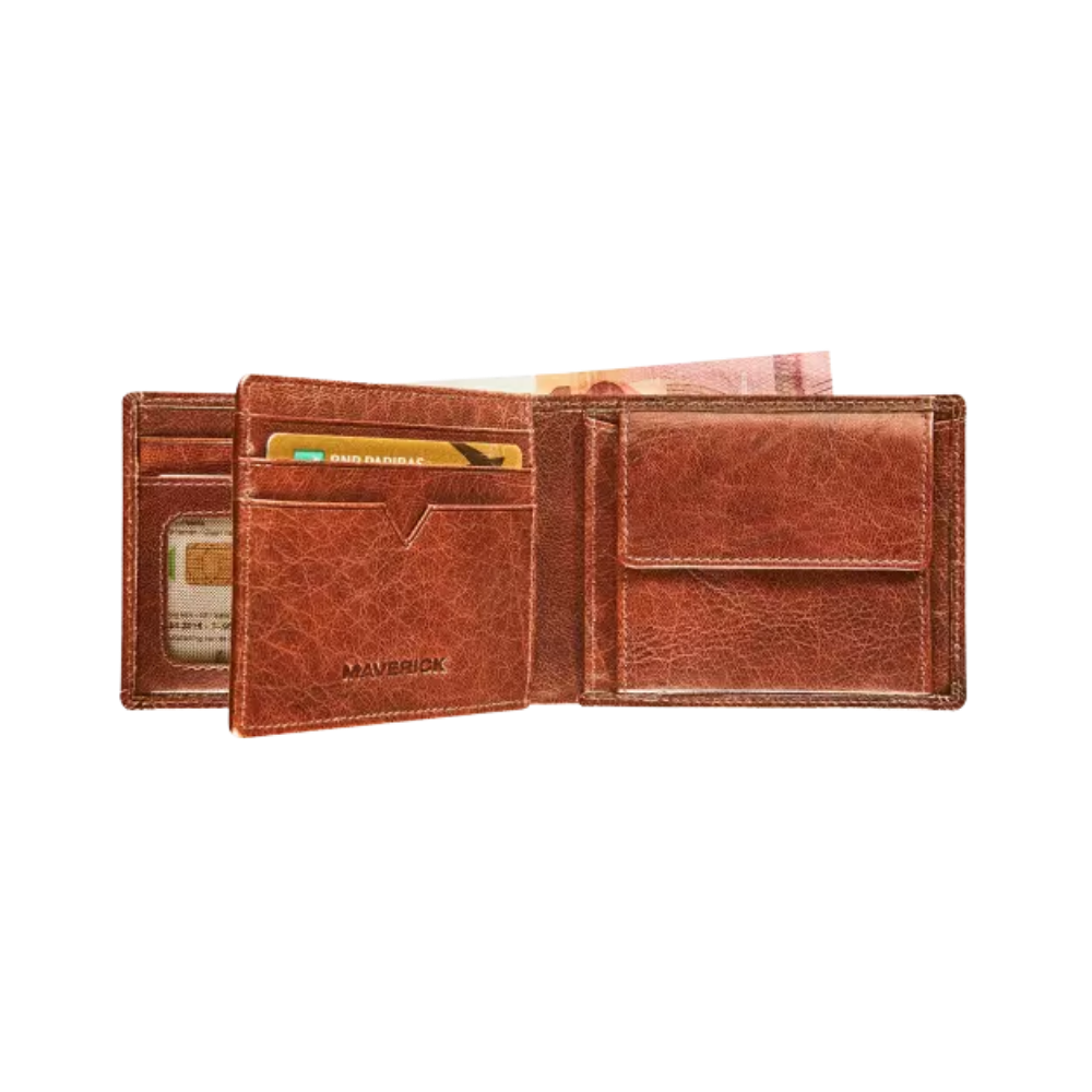 Interior view of the cognac leather wallet showing card slots, ID compartment, and bill section.