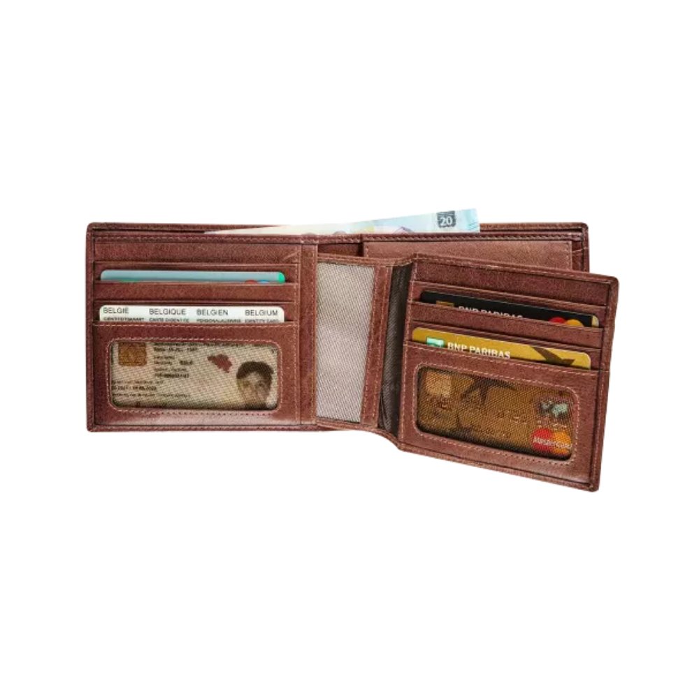 Interior view of the brown leather wallet showing card slots, ID compartments, and a bill section.