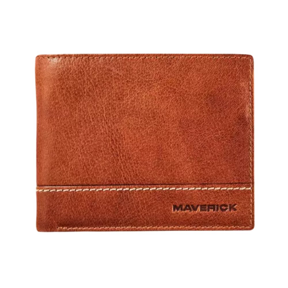 Front view of a cognac leather wallet with the 'Maverick' logo and a sleek, minimalist design.