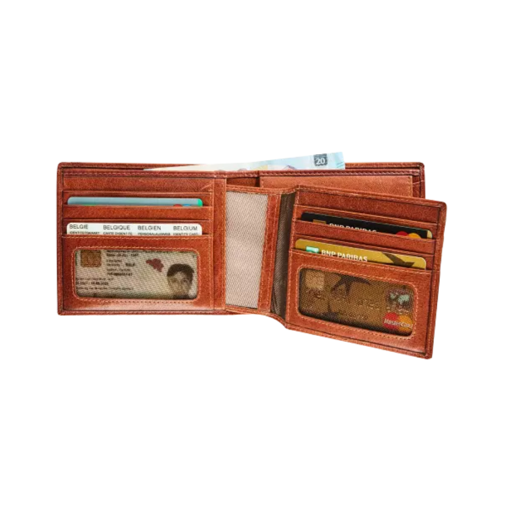Interior view of the cognac leather wallet showing card slots, ID compartments, and a bill section.
