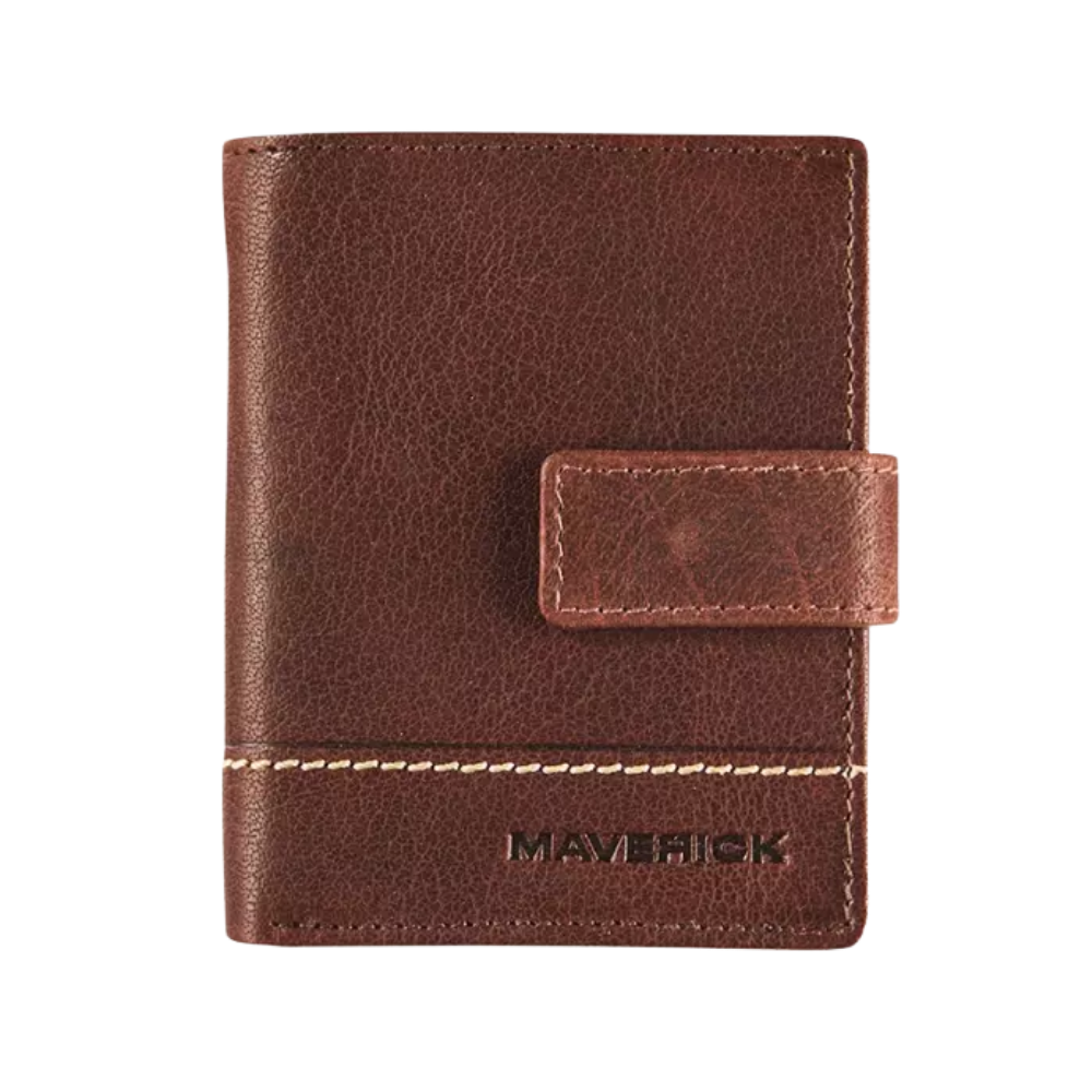 Front view of the Maverick Rough Gear Leather Cardprotector Compact RFID in brown, featuring a secure closure strap.