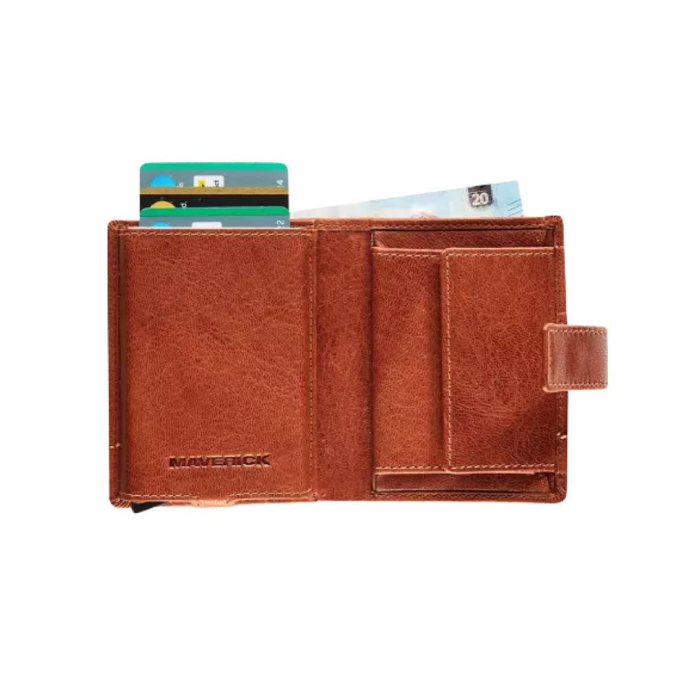 Interior view of the cognac leather RFID card protector showing card slots and compartment.