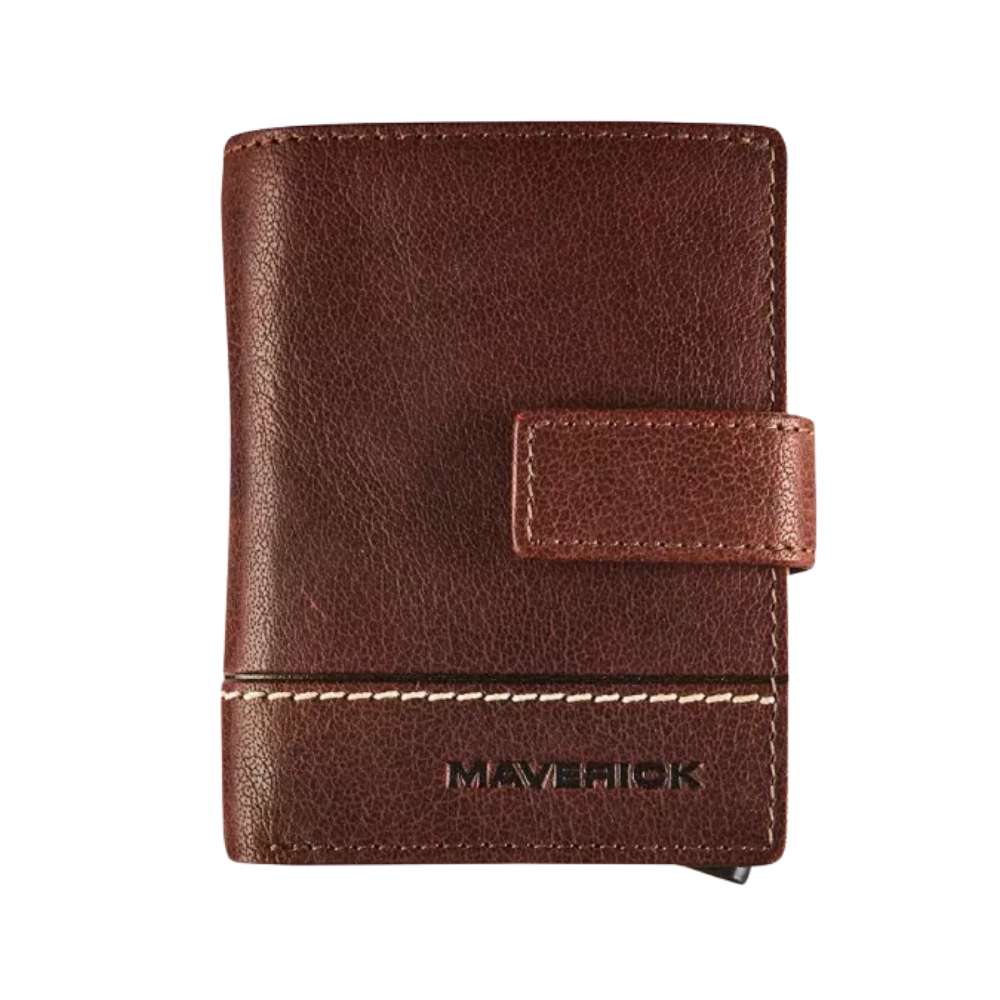 Front view of the Maverick Rough Gear Leather Cardprotector Super Compact RFID in brown, featuring a secure closure strap.