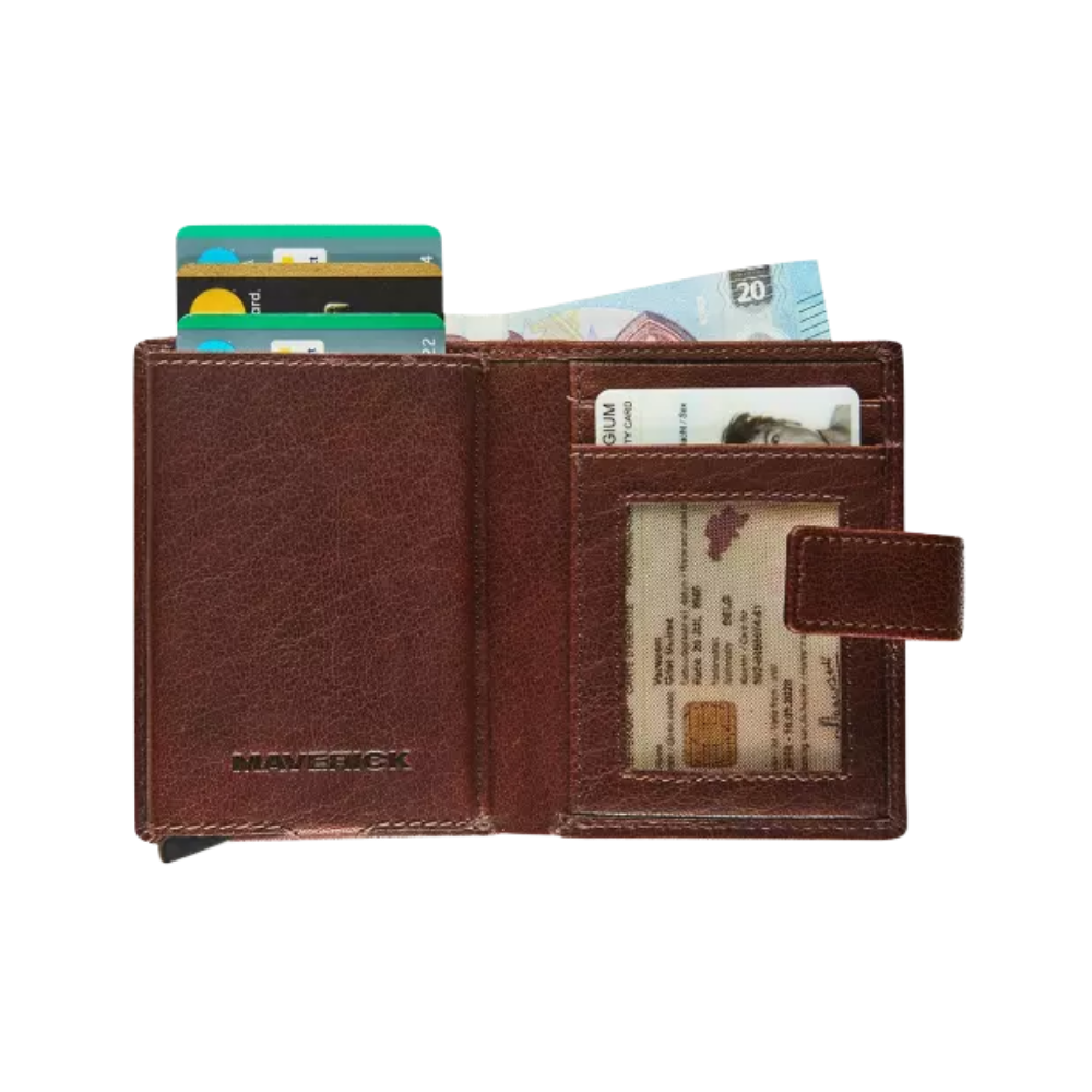 Side view of the Maverick Rough Gear Leather Cardprotector Super Compact RFID, showing the interior with credit cards and ID section.