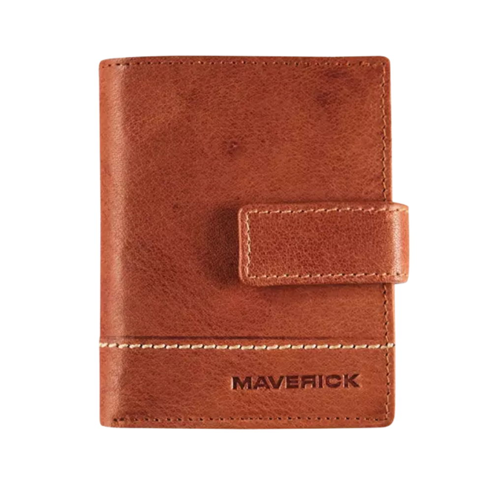 Front view of the Maverick Rough Gear Leather Cardprotector Super Compact RFID in cognac, featuring a secure closure strap.