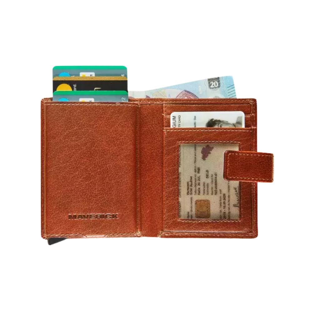 Side view of the Maverick Rough Gear Leather Cardprotector Super Compact RFID in cognac, showing the interior with credit cards and banknotes.
