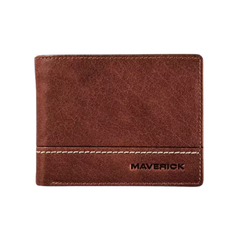 Maverick Rough Gear Leather Compact Billfold in brown with embossed logo.