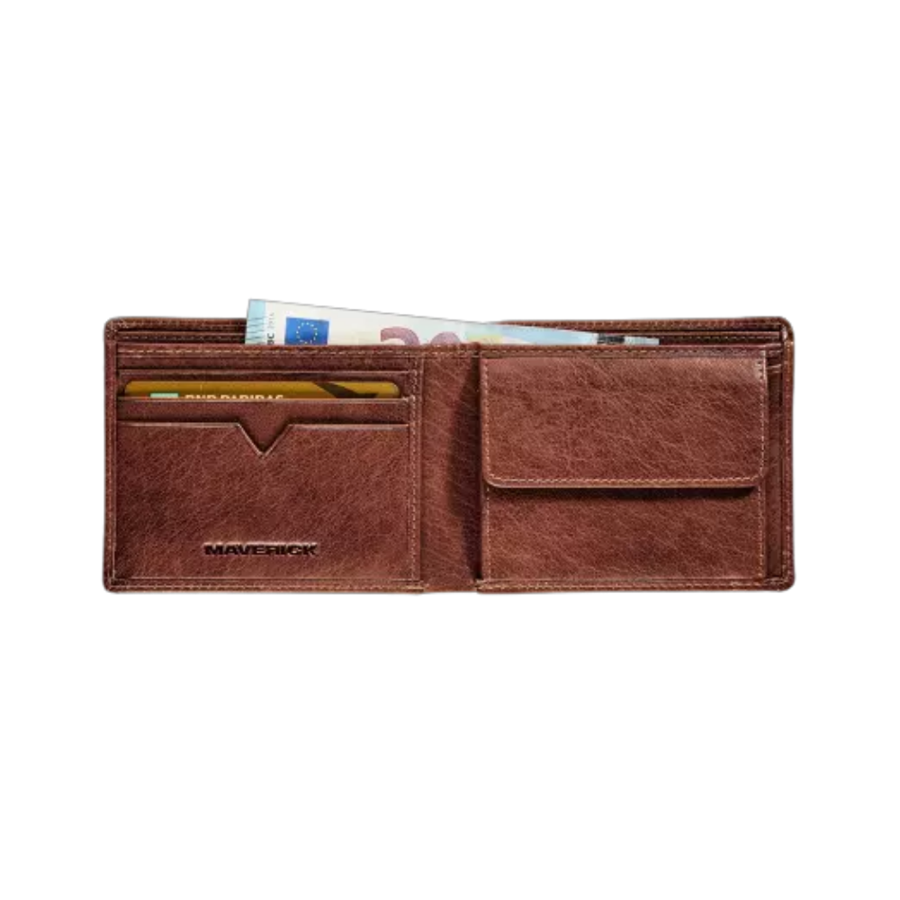 Interior view of Maverick Rough Gear Leather Compact Billfold showing card slots and bill sections.