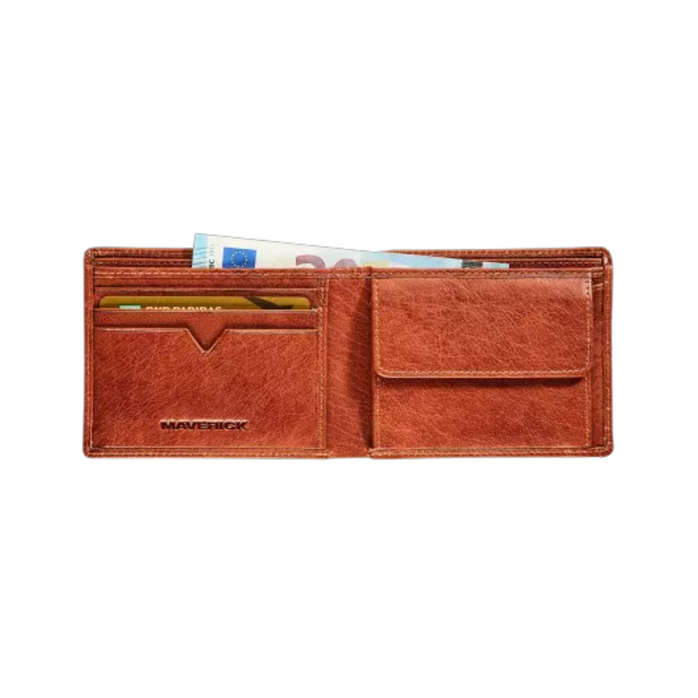 Interior view of Maverick Rough Gear Leather Compact Billfold RFID showing card slots and bill sections.