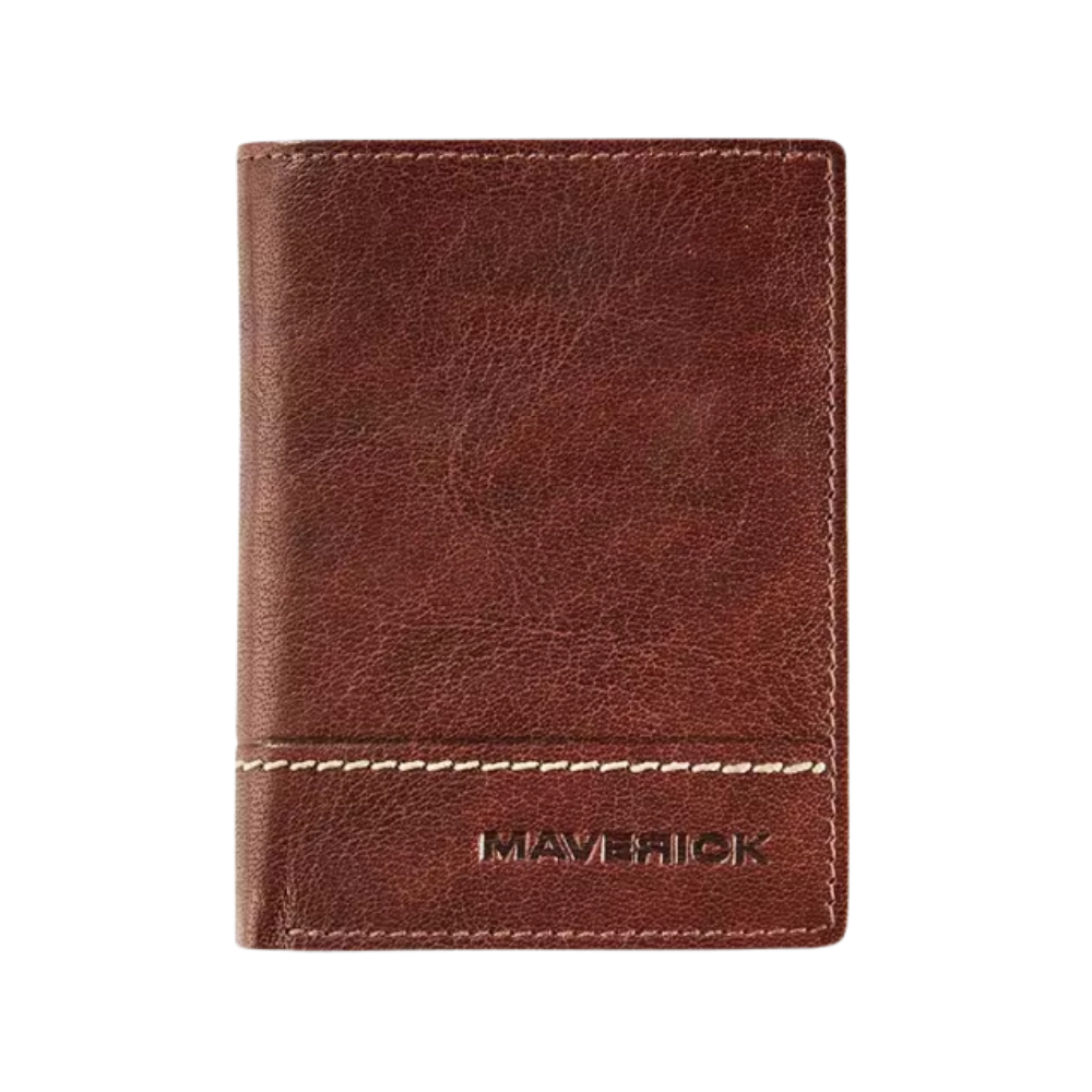 Front view of Maverick Rough Gear Leather Credit Card Holder RFID for 14 Cards - Brown.
