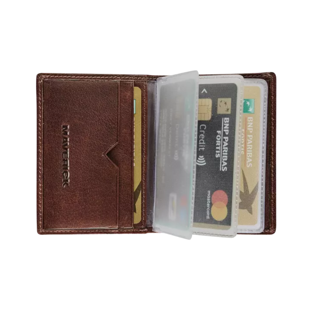 Open view of Maverick Rough Gear Leather Credit Card Holder RFID for 14 Cards - Brown showing card slots.