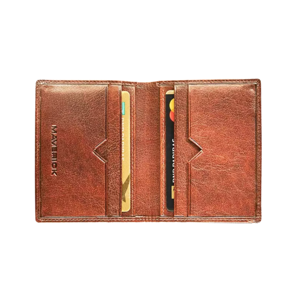 Interior view of the cognac leather wallet showing card slots and a bill compartment.