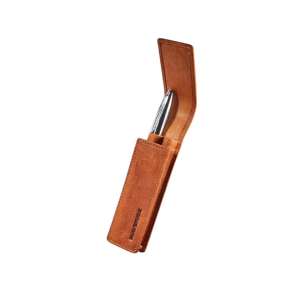 "Maverick Leder-Stiftetui geöffnet, Stift sichtbar"