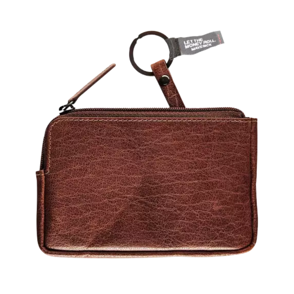 Maverick Rough Gear Leather Pocket Coin Purse RFID - Brown, side view with key ring