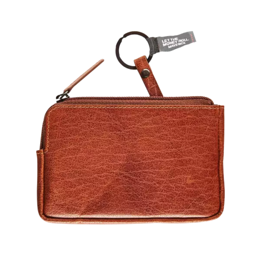 Maverick Rough Gear Leather Pocket Coin Purse RFID - Cognac, Back view showing keyring attachment.