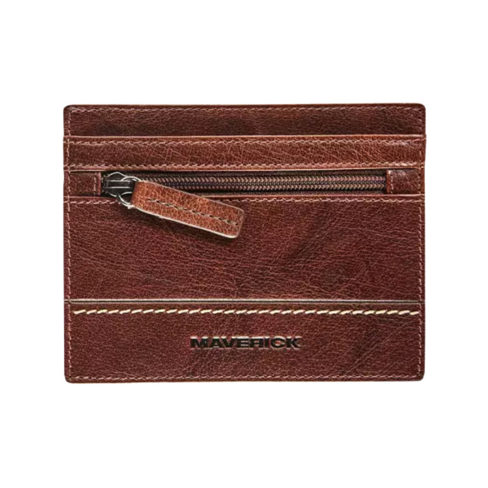 Front view of a brown leather wallet with a zipper compartment and 'Maverick' logo.