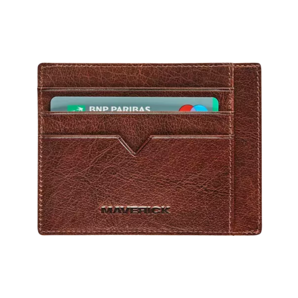 Back view of the brown leather wallet showing the card slot and clean design.