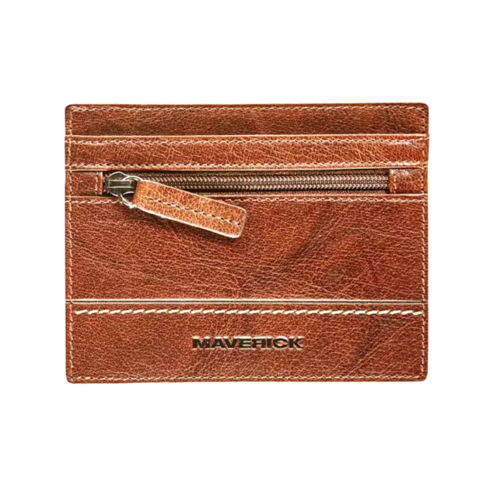 Maverick Rough Gear Leather Credit Card Wallet with Zipper - Cognac, Front View