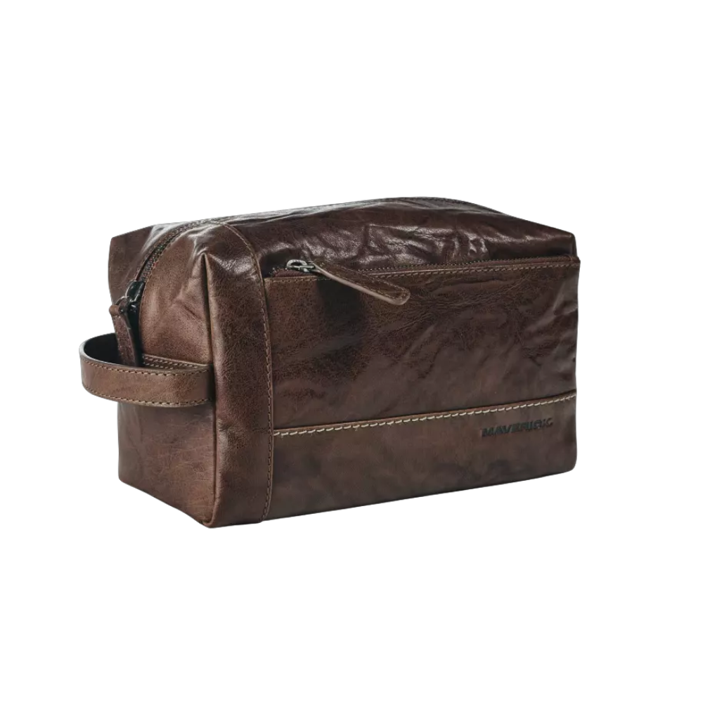 "Maverick Leder-Kosmetiktasche, braunes Leder, geschlossen mit Reißverschluss"