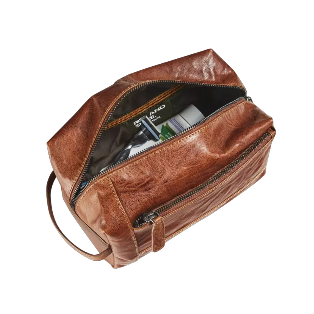 "Maverick Leder-Kosmetiktasche, braunes Leder, geöffnet mit Innenansicht"