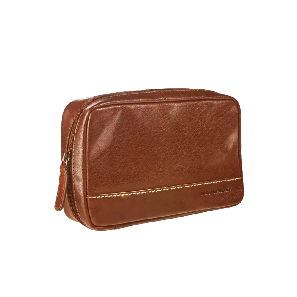 "Maverick Leder-Kosmetiktasche, braunes Leder, geschlossen mit Reißverschluss"