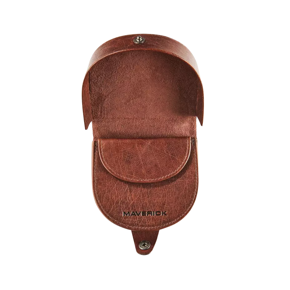 Side view of a brown Maverick leather coin pouch with a flap closure.