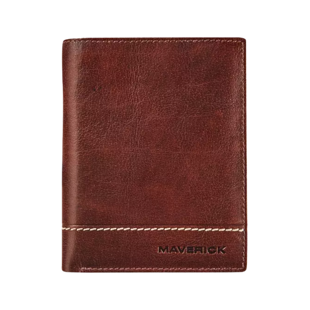 Front view of a brown leather wallet with the 'Maverick' logo and a sleek, minimalist design.