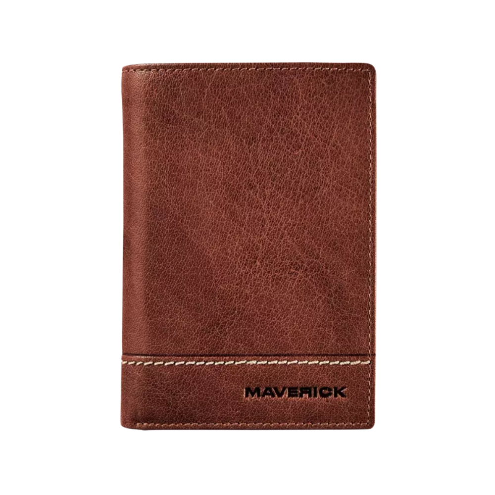 Front view of a brown leather wallet with the 'Maverick' logo and a sleek, minimalist design.