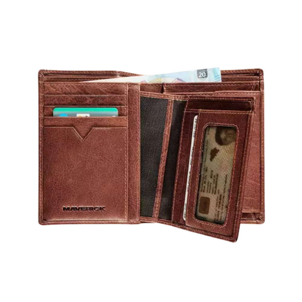 Interior view of the brown leather wallet showing card slots, ID compartments, and a bill section.