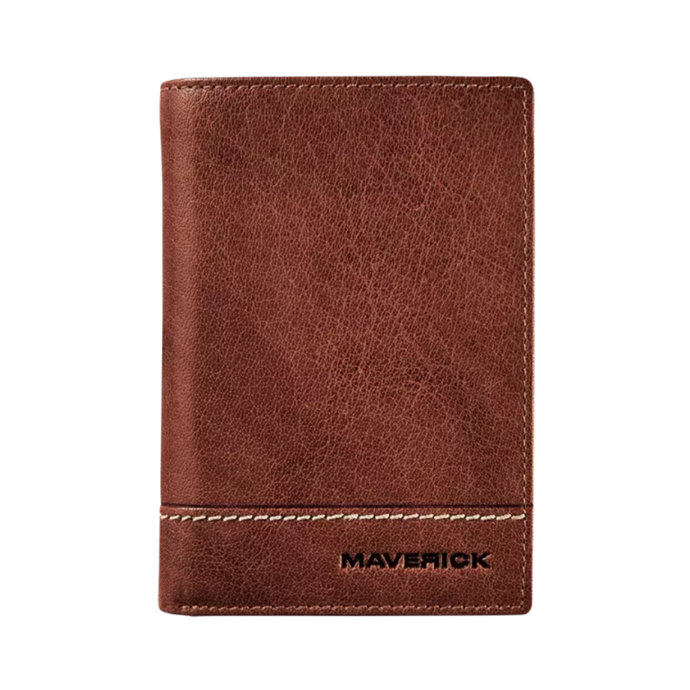 Front view of a brown leather wallet with the 'Maverick' logo and a sleek, minimalist design.