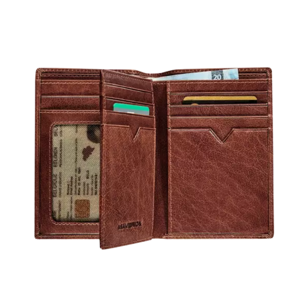 Interior view of the brown leather wallet showing card slots, ID compartments, and a bill section.
