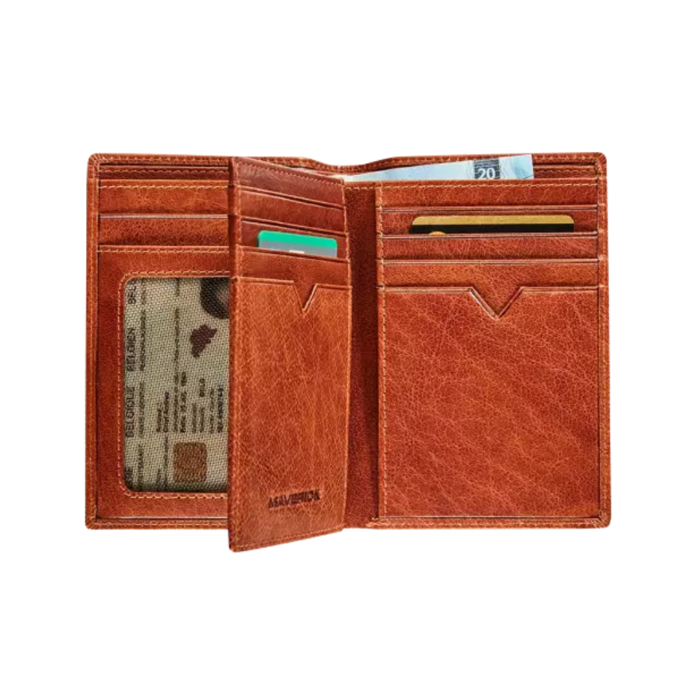 Interior view of the cognac leather wallet showing card slots, ID compartments, and a bill section.