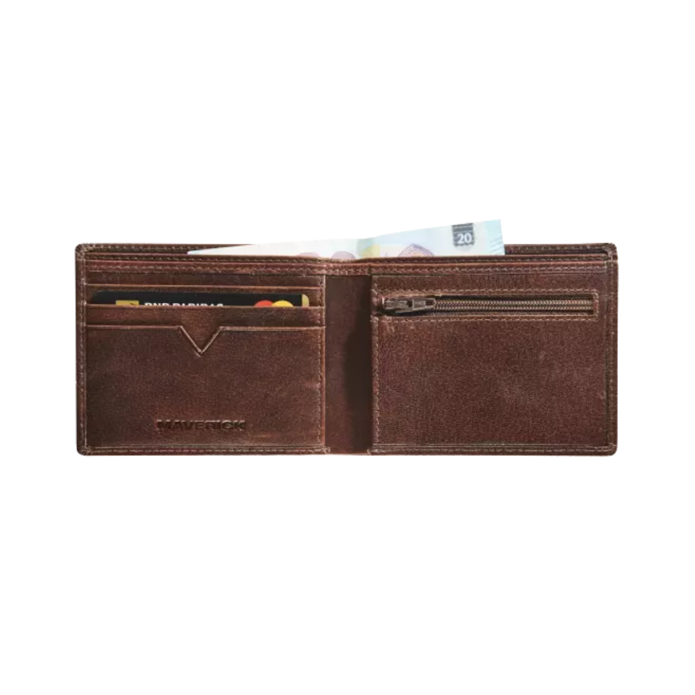 Interior view of the brown leather wallet showing card slots, ID compartments, and a zipper pocket.