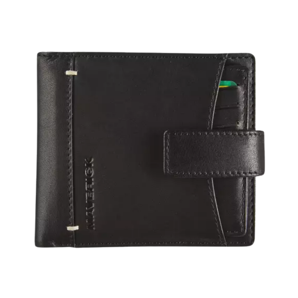 Black leather wallet with a unique front design, featuring a side flap for card storage.