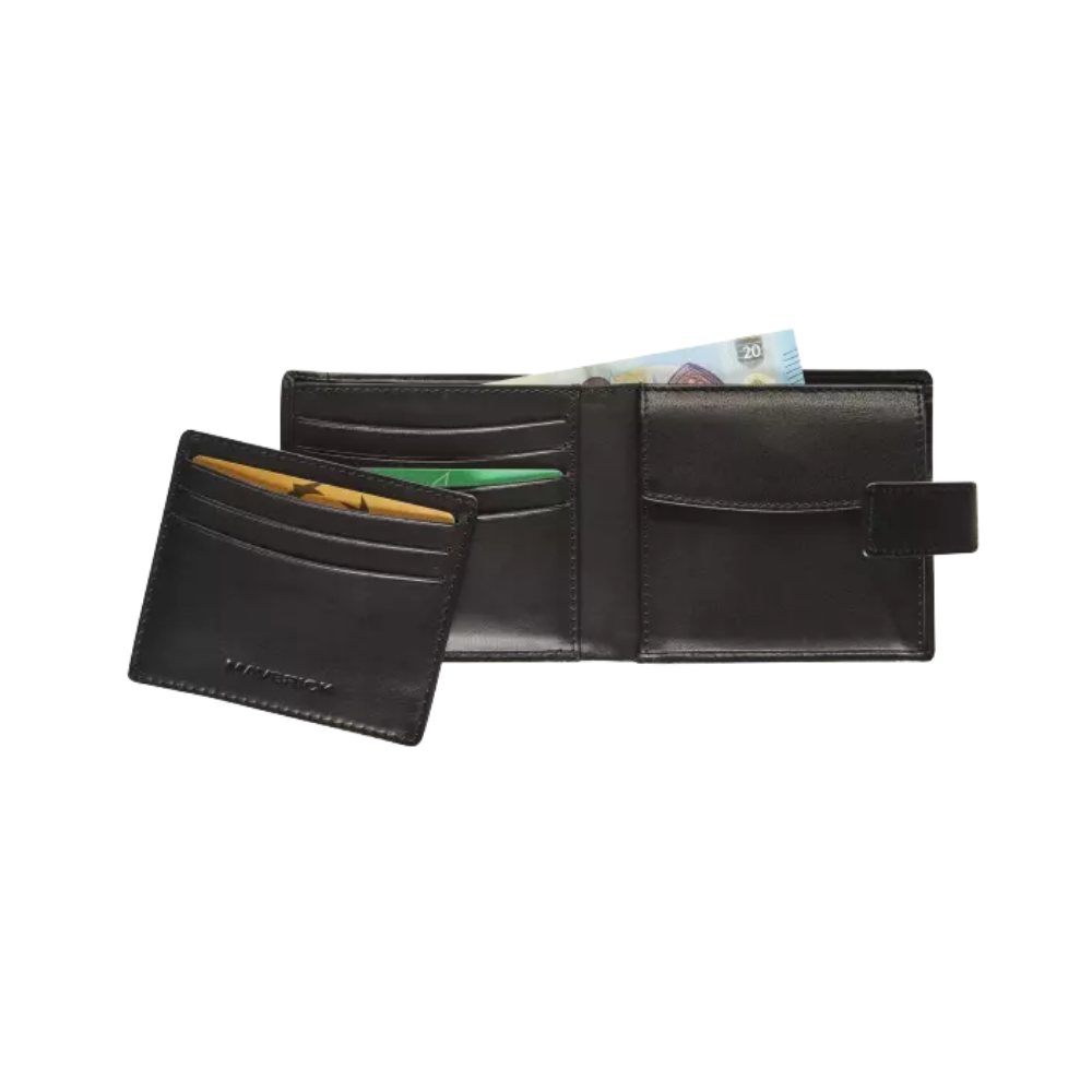 Interior view of the black leather wallet with card slots and a removable cardholder.
