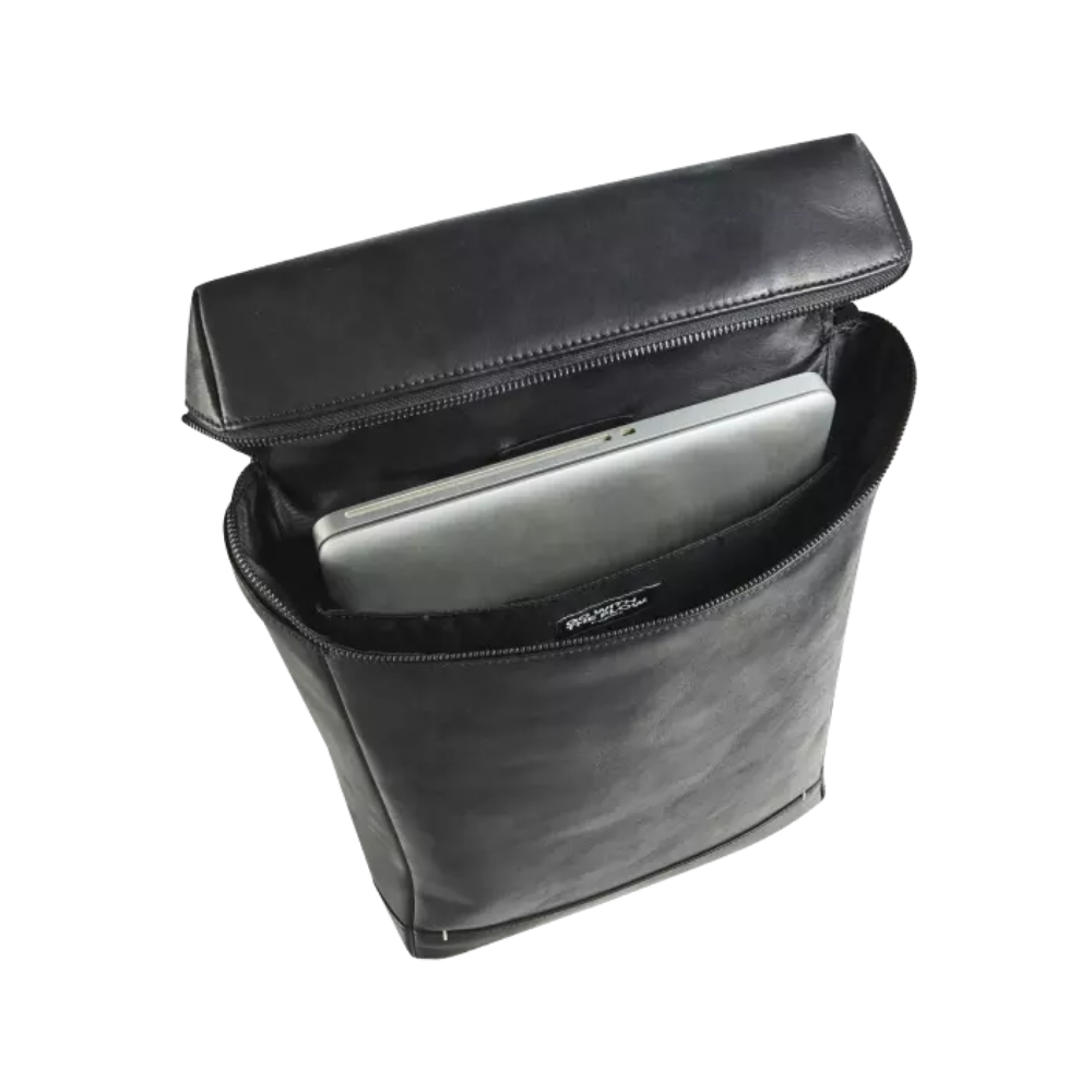 Interior view of the black leather backpack with a laptop compartment inside.