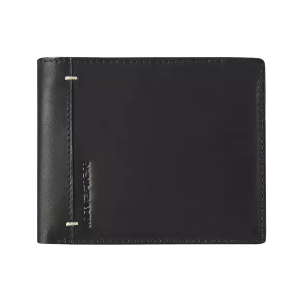 Black leather wallet, compact design with a simple, clean front view.